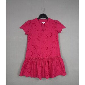 Chicos Dress Womens 10 Pink Eyelet Embroidered Short Sleeve Ruffle Hem Girlie